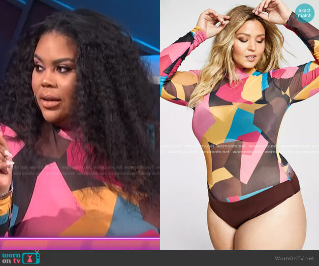 Nina Parker Trendy Plus Size Mock-Neck Mesh Bodysuit worn by Nina Parker on E! News