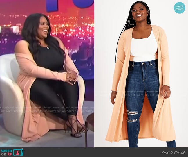 Nina Parker Trendy Plus Size Ribbed Knit Duster worn by Nina Parker on E! News