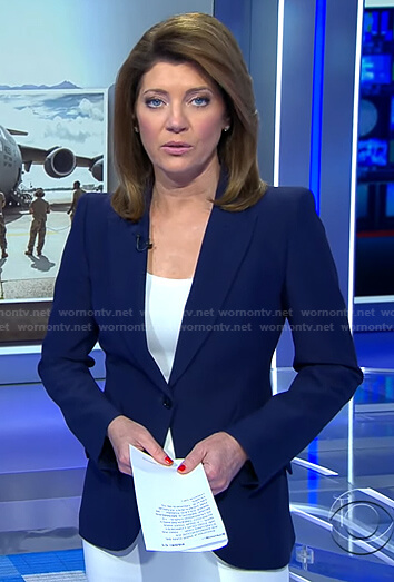 Nora’s navy single breasted blazer on CBS Evening News