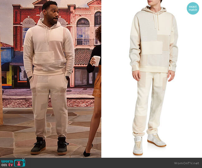 Ovadia Patchwork Fleece Pullover Hoodie worn by Moz McKellan (Anthony Alabi) on Family Reunion