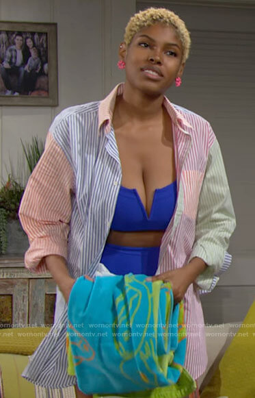 Paris’s blue bikini and colorblock shirt on The Bold and the Beautiful