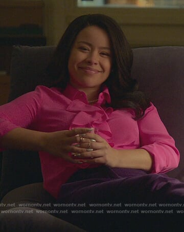 Mariana’s pink ruffle front blouse on Good Trouble