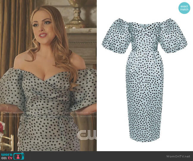 Rasario Polka-Dot Silk Organza Off-The-Shoulder Midi Dress worn by Fallon Carrington (Elizabeth Gillies) on Dynasty