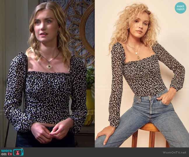Reformation Bacio Ruffle Tie Back Crop Top worn by Claire Brady (Isabel Durant ) on Days of our Lives