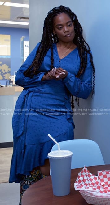 Sabrina’s blue ruffled dress and snake print boots on Tyler Perrys Sistas