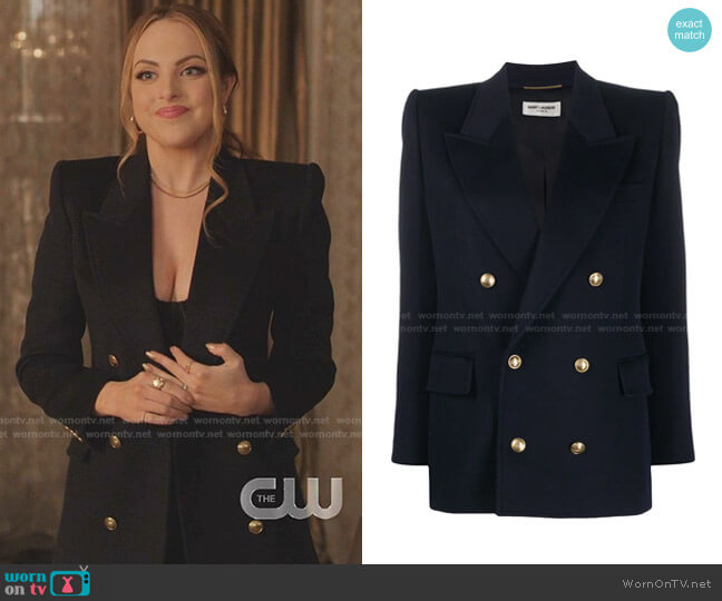 Saint Laurent Embossed-Buttons Double-Breasted Blazer worn by Fallon Carrington (Elizabeth Gillies) on Dynasty