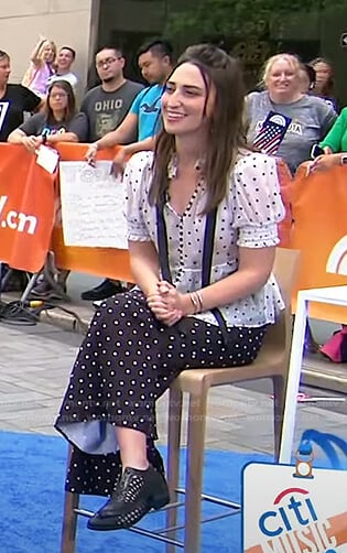 Sara Bareilles’s white polka dot blouse and pants on Today