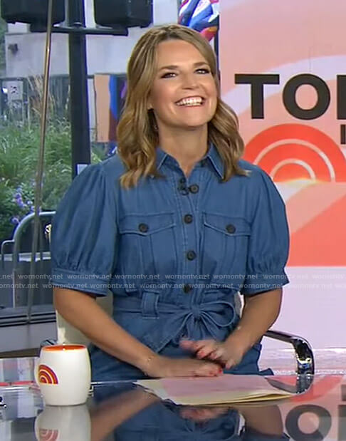 Savannah’s blue puff sleeve tie waist dress on Today