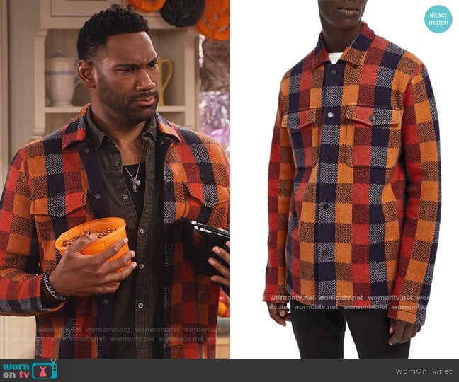 Scotch and Soda Check Knit Wool Blend Shirt Jacket worn by Moz McKellan (Anthony Alabi) on Family Reunion