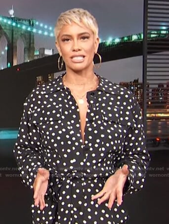 Sibley’s black polka dot jumpsuit on Access Hollywood