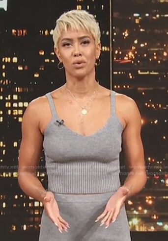 Sibley’s grey cropped ribbed cami and skirt on Access Hollywood