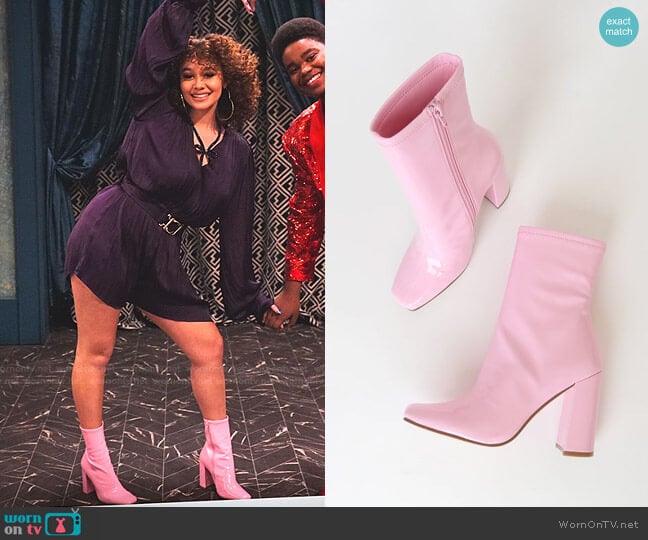 Steve Madden Fulton Pink Patent Square Toe Mid-Calf Boots worn by Jade (Talia Jackson) on Family Reunion