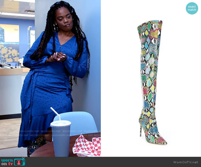 Steve Madden Viktory Multi Snake Print Over-the-Knee Boots worn by Sabrina Hollins (Novi Brown) on Tyler Perrys Sistas