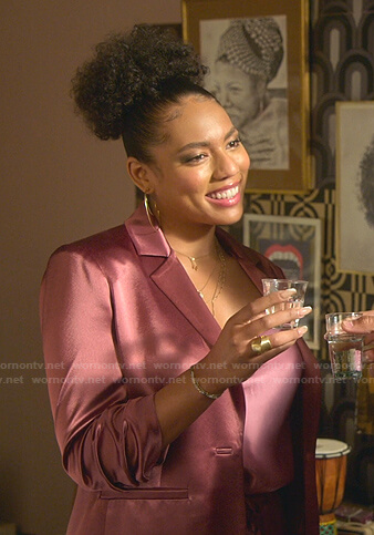 Tanya’s pink satin jumpsuit and ruched sleeve blazer on Good Trouble