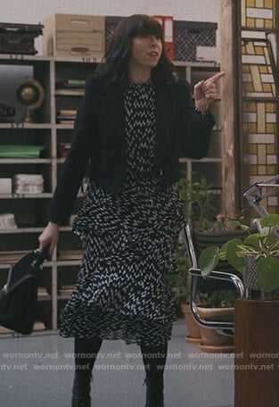 Lily’s black teardrop print ruffle dress on Modern Love