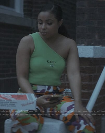 Tiffany’s green Kkco one shoulder top on The Chi