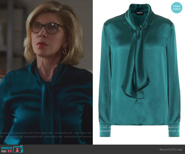 Tom Ford Tie-neck satin Blouse worn by Diane Lockhart (Christine Baranski) on The Good Fight