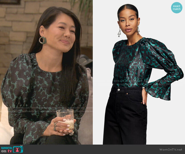 Topshop Taffeta Sleeve Drama Blouse worn by Crystal Kung Minkoff on The Real Housewives of Beverly Hills