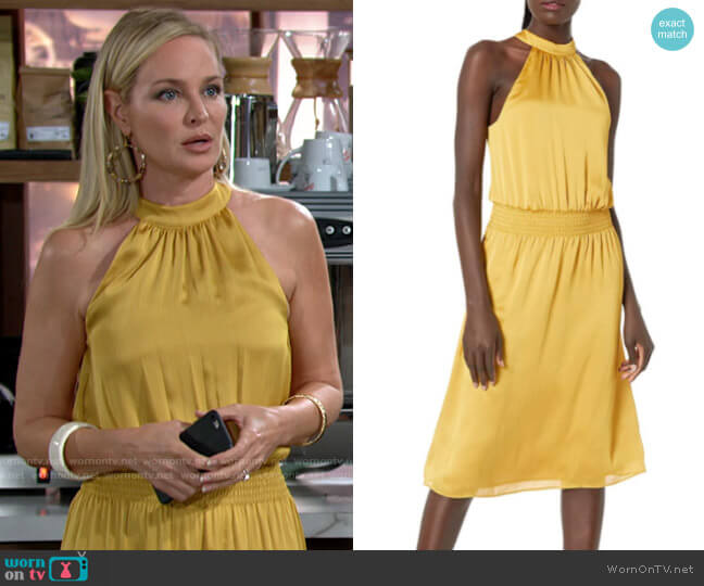 Trina Turk Moonlit Dress in Gold Ray worn by Sharon Newman (Sharon Case) on The Young and the Restless