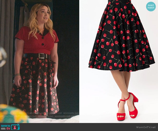 Unique Village Magnolia Place 1950s Black & Red Cherry Print Swing Skirt worn by Davia (Emma Hunton) on Good Trouble