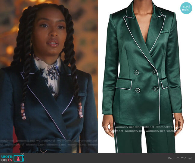 Veronica Beard Eiza belted double-breasted satin blazer worn by Zoey Johnson (Yara Shahidi) on Grown-ish