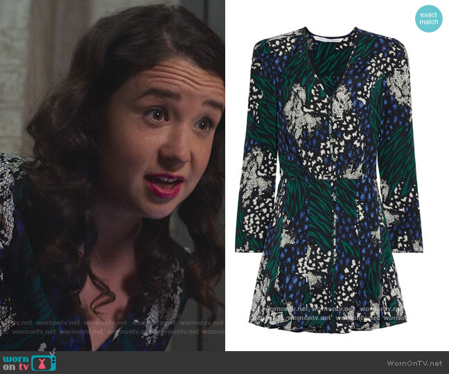 Veronica Beard Riggins fluted printed stretch-silk crepe de chine mini dress worn by Marissa Gold (Sarah Steele) on The Good Fight