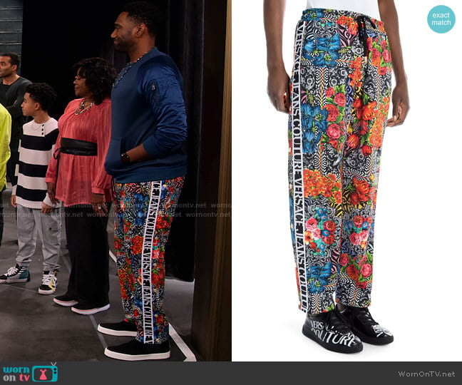 Versace Logo Tape Floral Jogger worn by Moz McKellan (Anthony Alabi) on Family Reunion