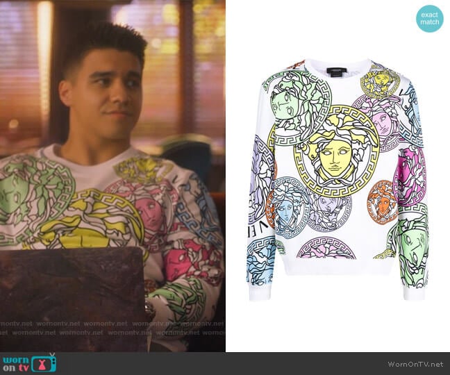 Versace Medusa-print sweatshirt worn by Vivek Shah (Jordan Buhat) on Grown-ish