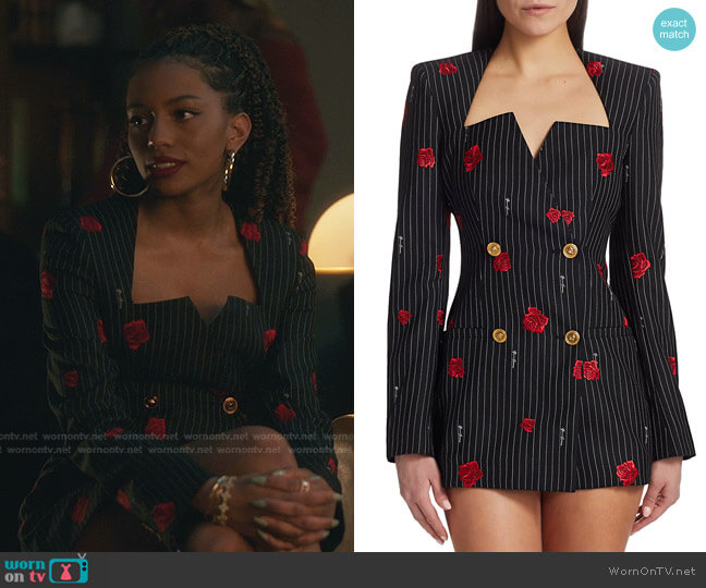 Versace Rose-Print Pinstripe Double Breasted Jacket worn by Monet de Haan (Savannah Lee Smith) on Gossip Girl