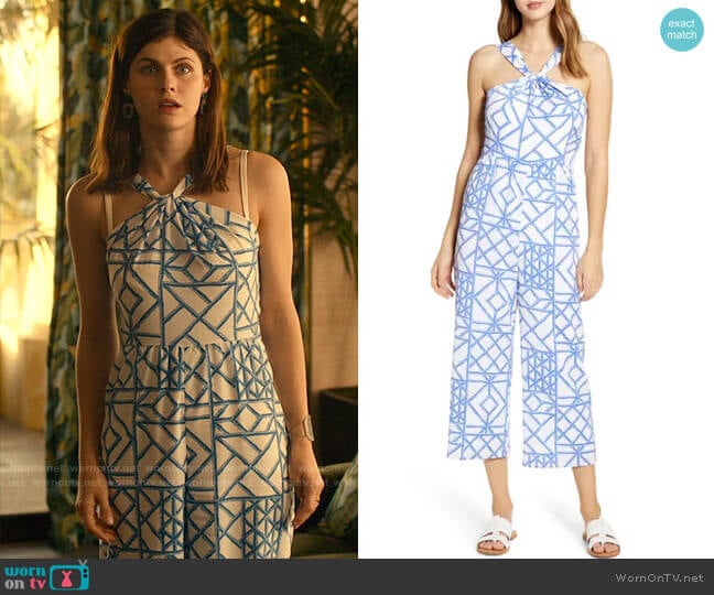 Vineyard Vines Bamboo Lattice Print Jumpsuit worn by Rachel Patton (Alexandra Daddario) on The White Lotus