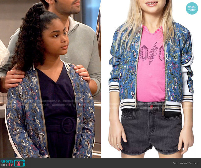 Zadig & Voltaire Girls' Ben Paisley Print Bomber Jacket worn by Millicent (Jaidyn Triplett) on iCarly