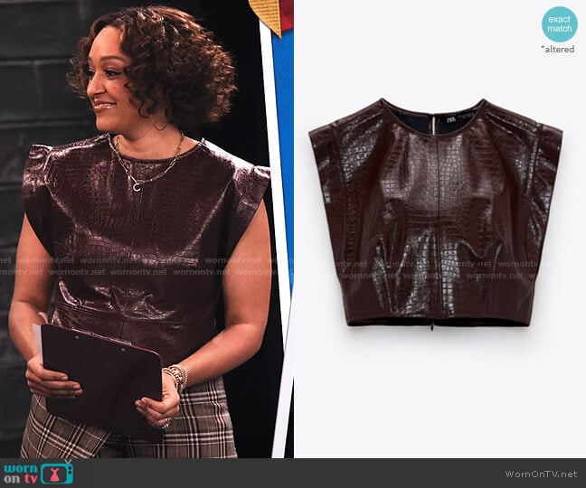 Zara Faux Leather Crop Top worn by Cocoa McKellan (Tia Mowry-Hardrict) on Family Reunion