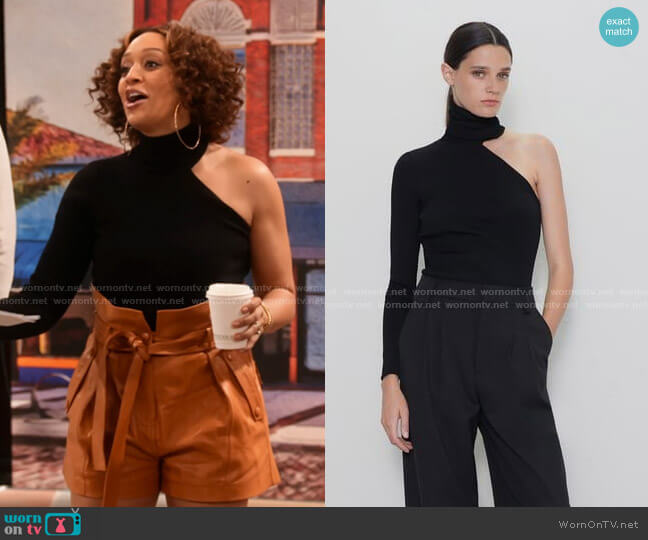 Zara Asymmetric High Neck Sweater worn by Cocoa McKellan (Tia Mowry-Hardrict) on Family Reunion