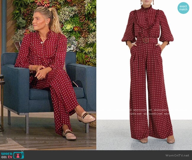 Zimmermann Ruffled high-neck polka-dot satin blouse worn by Amanda Kloots on The Talk