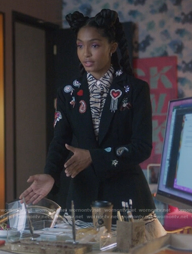Zoey’s tiger stripe shirtdress and embellished blazer on Grown-ish