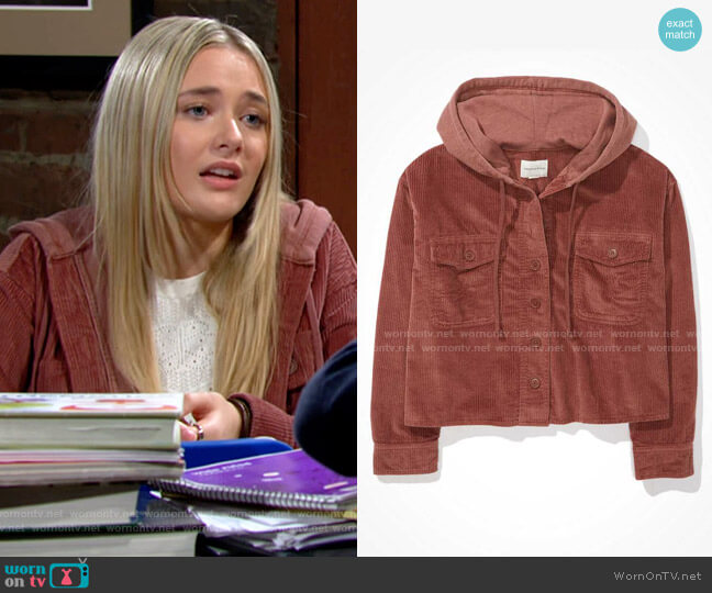 American Eagle Cropped Corduroy Hooded Shirt Jacket worn by Faith Newman (Reylynn Caster) on The Young and the Restless