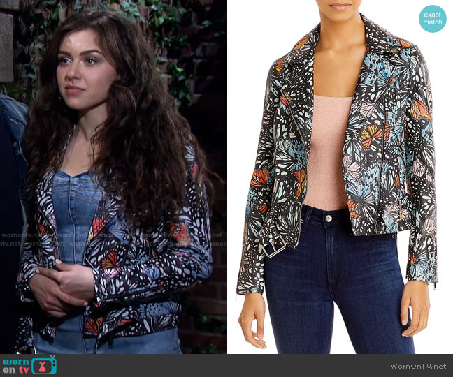 Aqua x Mary Katrantzou Butterfly Print Leather Jacket worn by Ciara Brady (Victoria Konefal) on Days of our Lives