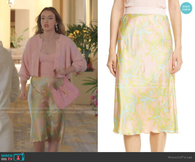 ATM Anthony Thomas Melillo Palm Print Silk Charmeuse Slip Skirt worn by Kirby Anders (Maddison Brown) on Dynasty