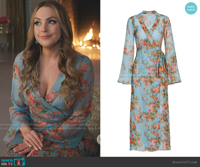 Adriana Iglesias Alessandra Floral Silk Wrap Robe worn by Fallon Carrington (Elizabeth Gillies) on Dynasty