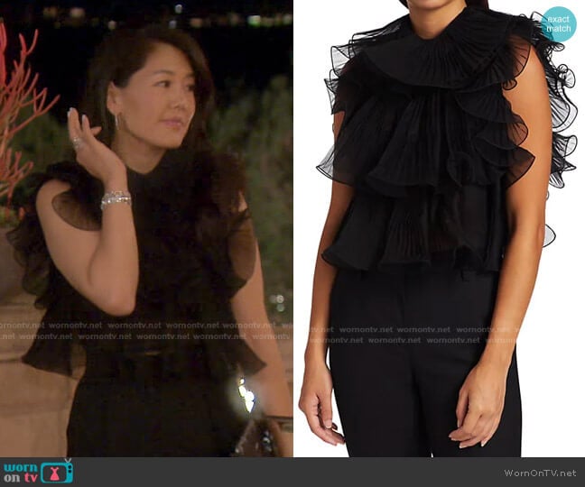 Alberta Ferretti Sleeveless Ruffle Chiffon Blouse worn by Crystal Kung Minkoff on The Real Housewives of Beverly Hills