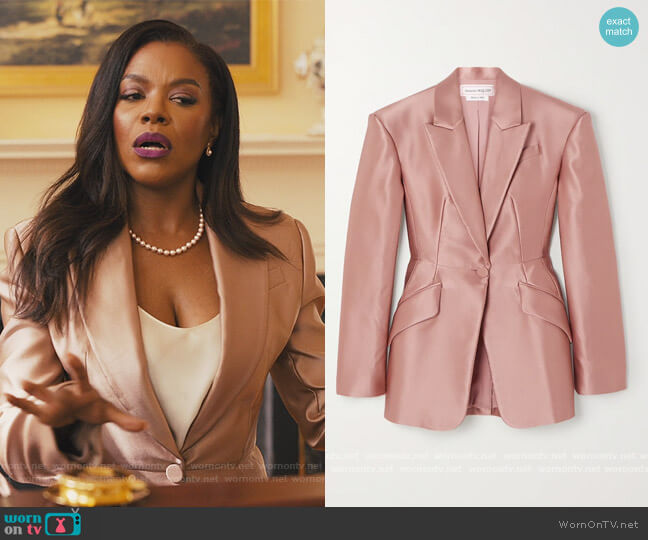 Alexander McQueen Duchesse silk-satin blazer worn by Leah Franklin-Dupont (Nadine Ellis) on Our Kind of People