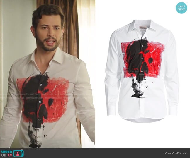 Alexander McQueen Skull-Print Slim-Fit Shirt worn by Sam Flores (Rafael de la Fuente) on Dynasty