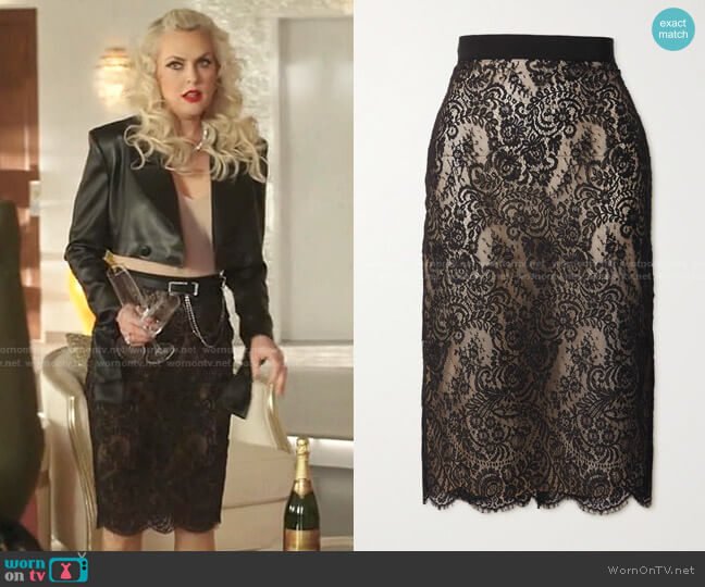 Alexander McQueen High-Waisted Lace Pencil Skirt worn by Alexis Carrington (Elaine Hendrix) on Dynasty