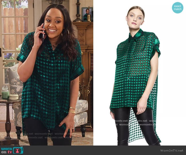 Alice + Olivia Edyth Asymmetrical Blouse worn by Cocoa McKellan (Tia Mowry-Hardrict) on Family Reunion