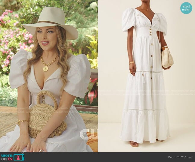 Andres Otalora Canoa Button-Front Tiered Linen Maxi Dress worn by Fallon Carrington (Elizabeth Gillies) on Dynasty