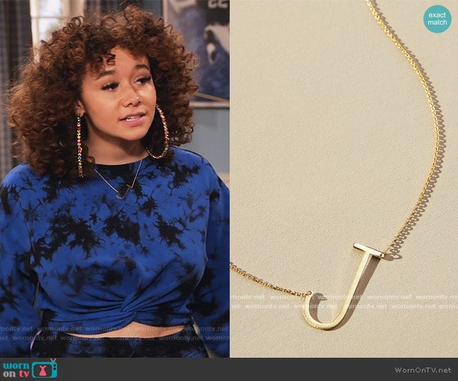 Anthropologie Block Letter Monogram Necklace worn by Jade (Talia Jackson) on Family Reunion