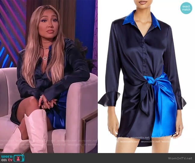 Aqua Color Block Tie Wrap Mini Dress worn by Adrienne Houghton on The Real