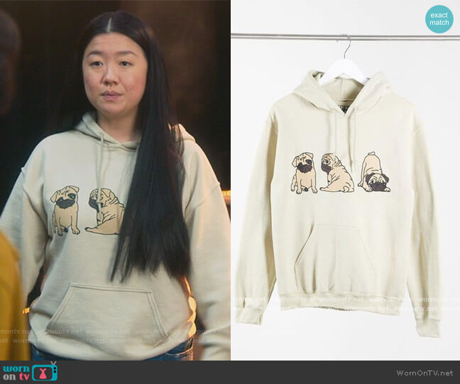 New Love Club Oversized Hoodie with pug print in sand worn by Alice Kwan (Sherry Cola) on Good Trouble