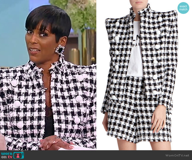 Balmain Button-detailed gingham cotton-blend tweed blazer worn by Tamron Hall on Tamron Hall Show