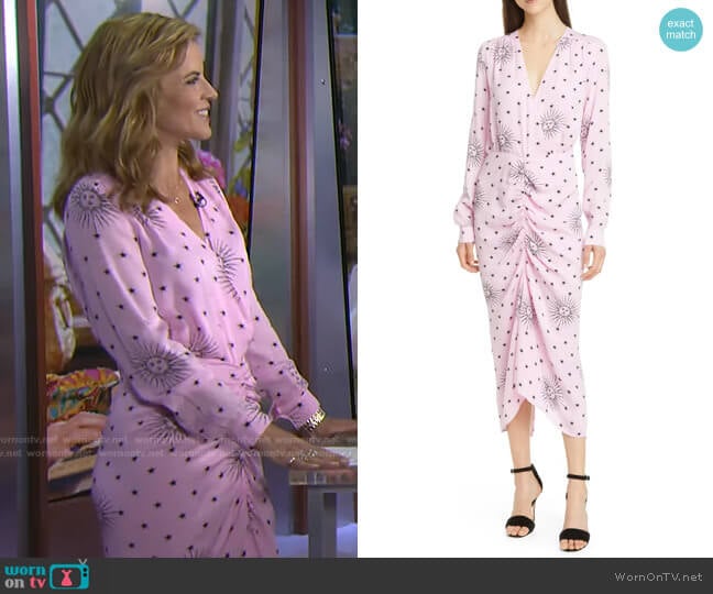 Birgitte Herskind Aria Ruched Sun Print Long Sleeve Midi Dress worn by Natalie Morales on Today